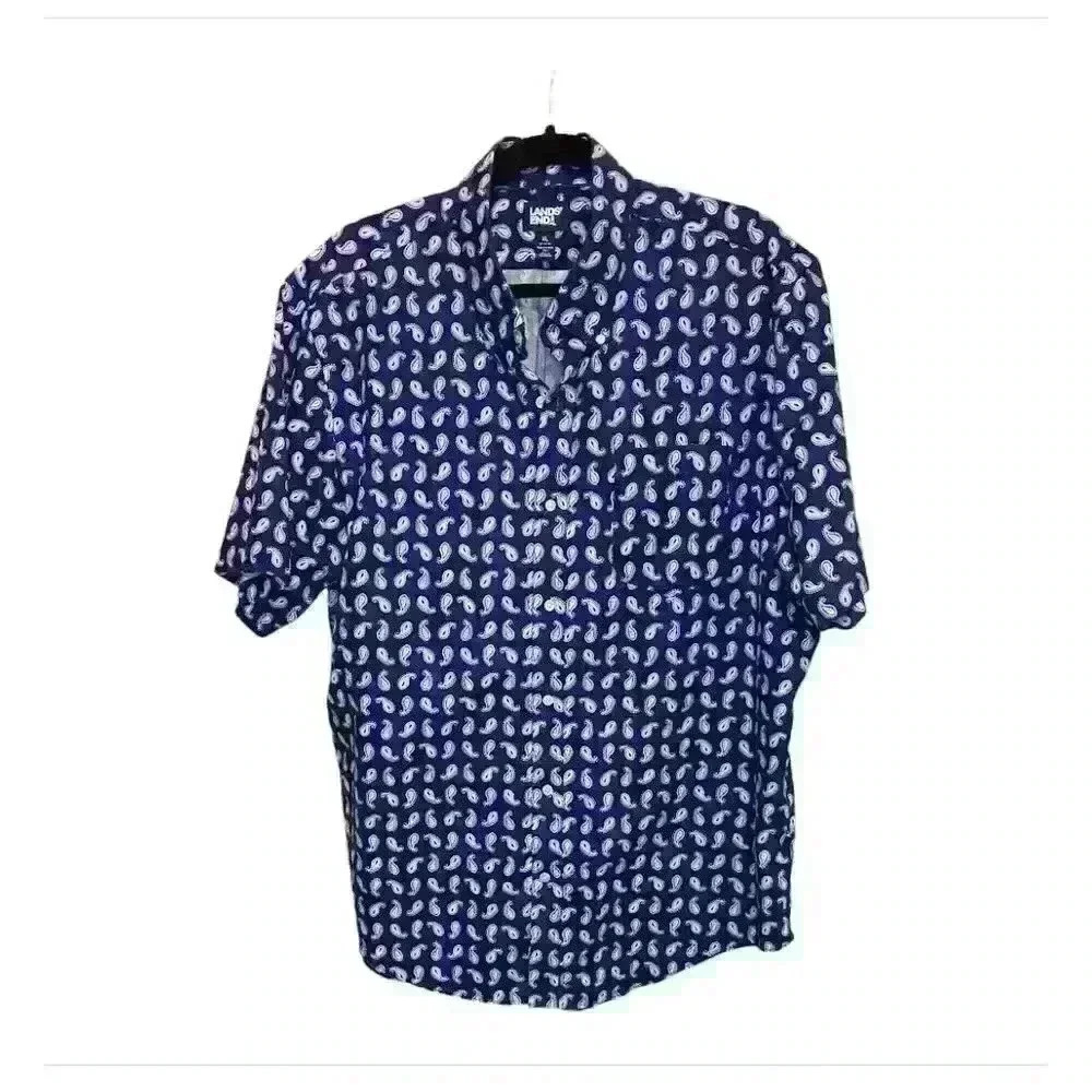 Lands' End Men's XL Blue Paisley Short Sleeve Button-Up Shirt Casual